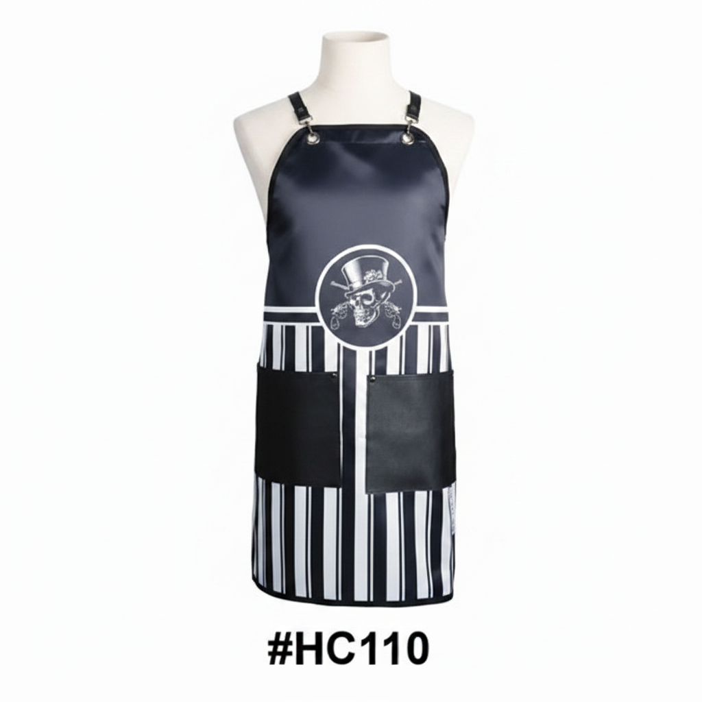 Skull Print Striped Barber Apron with Cross-Back Straps #HC110