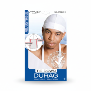 Magic Collection Adjustable Tie-Down Durag - Cool Nylon, Extra Long Tail #4769WHI