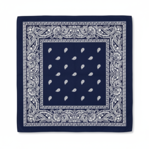 Navy Blue Paisley Bandana with White Decorative Border and Teardrop Pattern