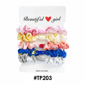 Beautiful Girl Satin Scrunchies with Oval Bead Assorted 5pcs #TP203