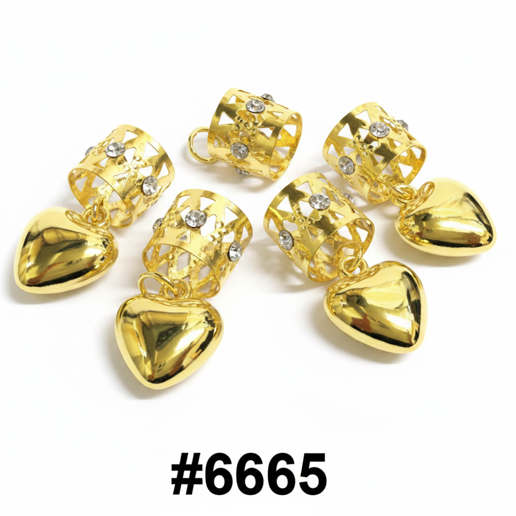 Gold Filigree Dread Beads with Heart Charm & Rhinestones — #6665 24pk Card