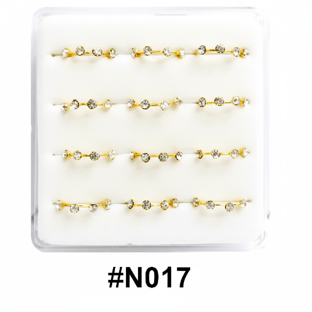 Gold Crystal Nose Pins Display Box 12pc #N017