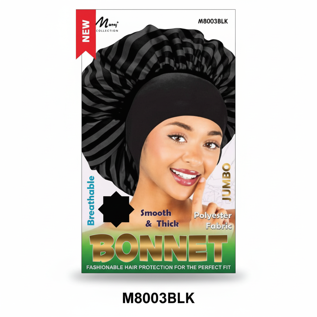 Striped Jumbo Bonnet - Breathable Black Polyester Hair Protection #M8003BLK