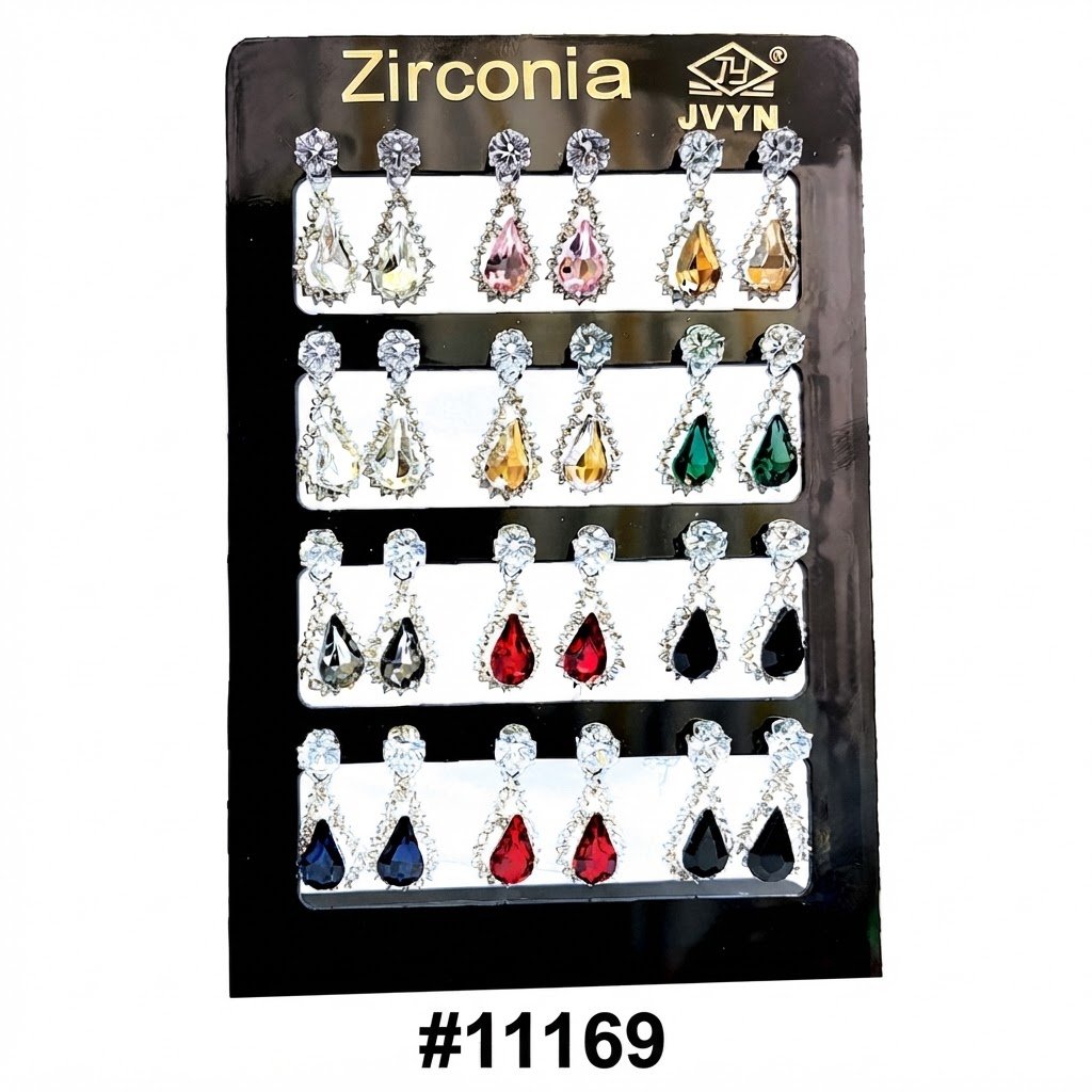 Elegant ear studs display with colored stones, showcasing 12 pairs of earrings