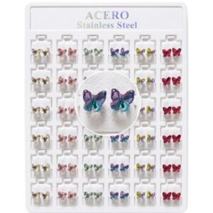 Assorted Crystal Stainless Steel Stud Butterfly Design earrings displayed in a pack