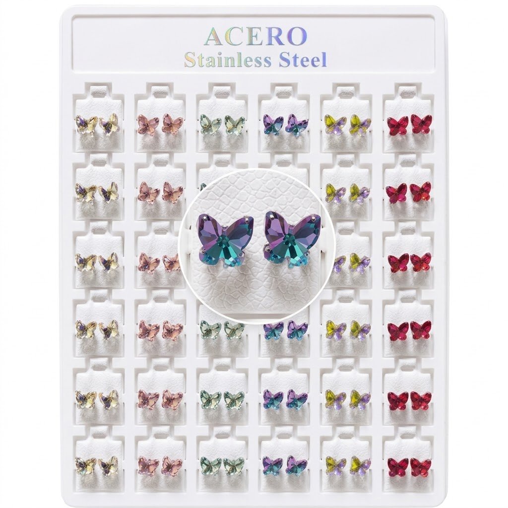 Assorted Crystal Stainless Steel Stud Butterfly Design earrings displayed in a pack