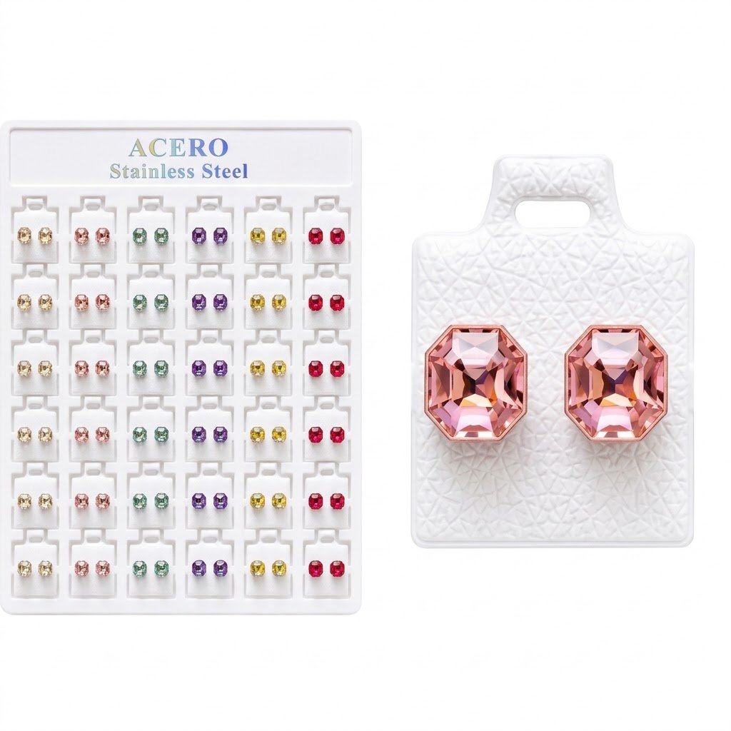 Crystal Stainless Steel Stud Octagon Design Display Card #112231