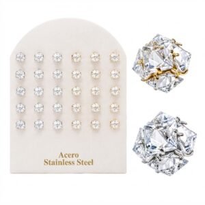 Stainless Steel 3D Geometric G/S Ear Studs displayed on a card