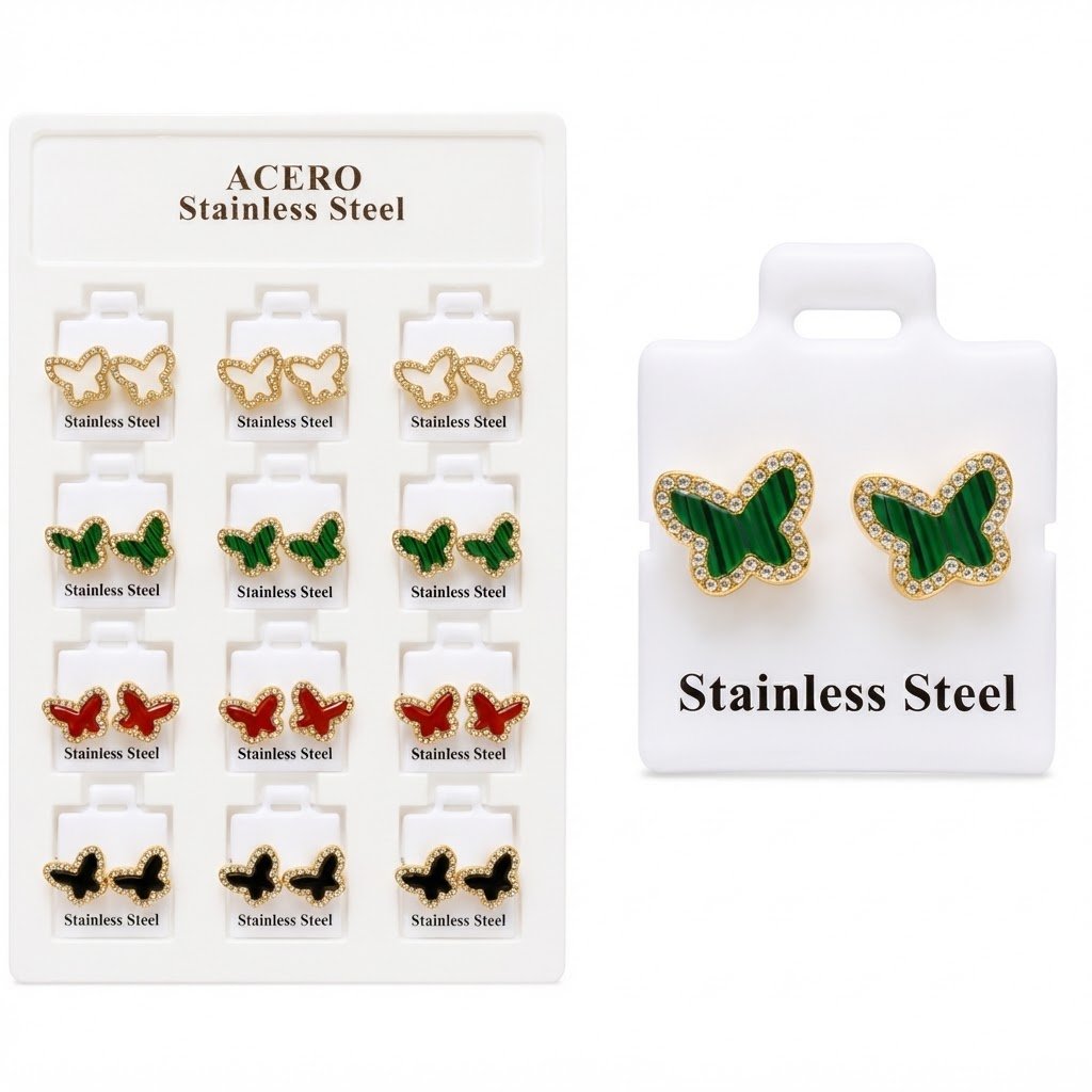 Stainless Steel Mix Crystal Butterfly Ear Studs displayed in assorted colours