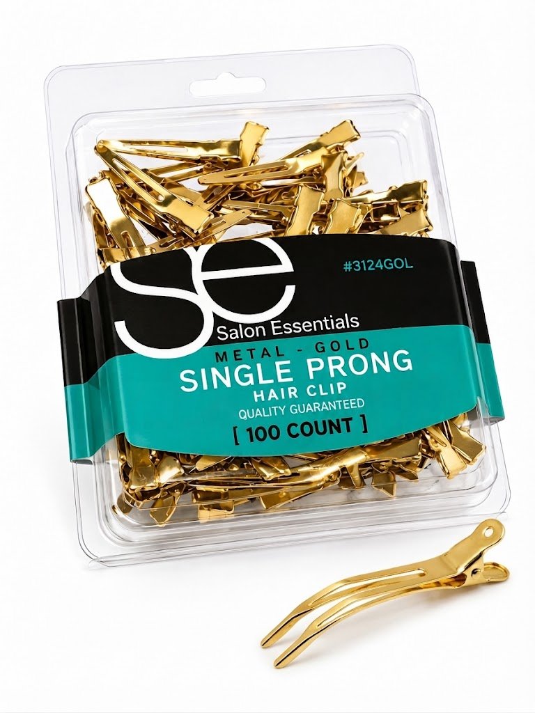 Gold single prong hair clips in a pack of 70 from Salon Essentials