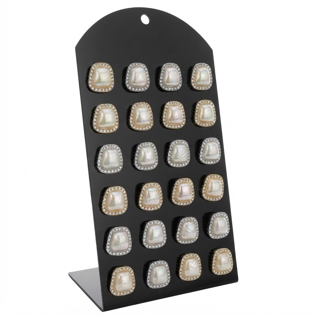 Elegant Square Stud Earrings displayed on a stand