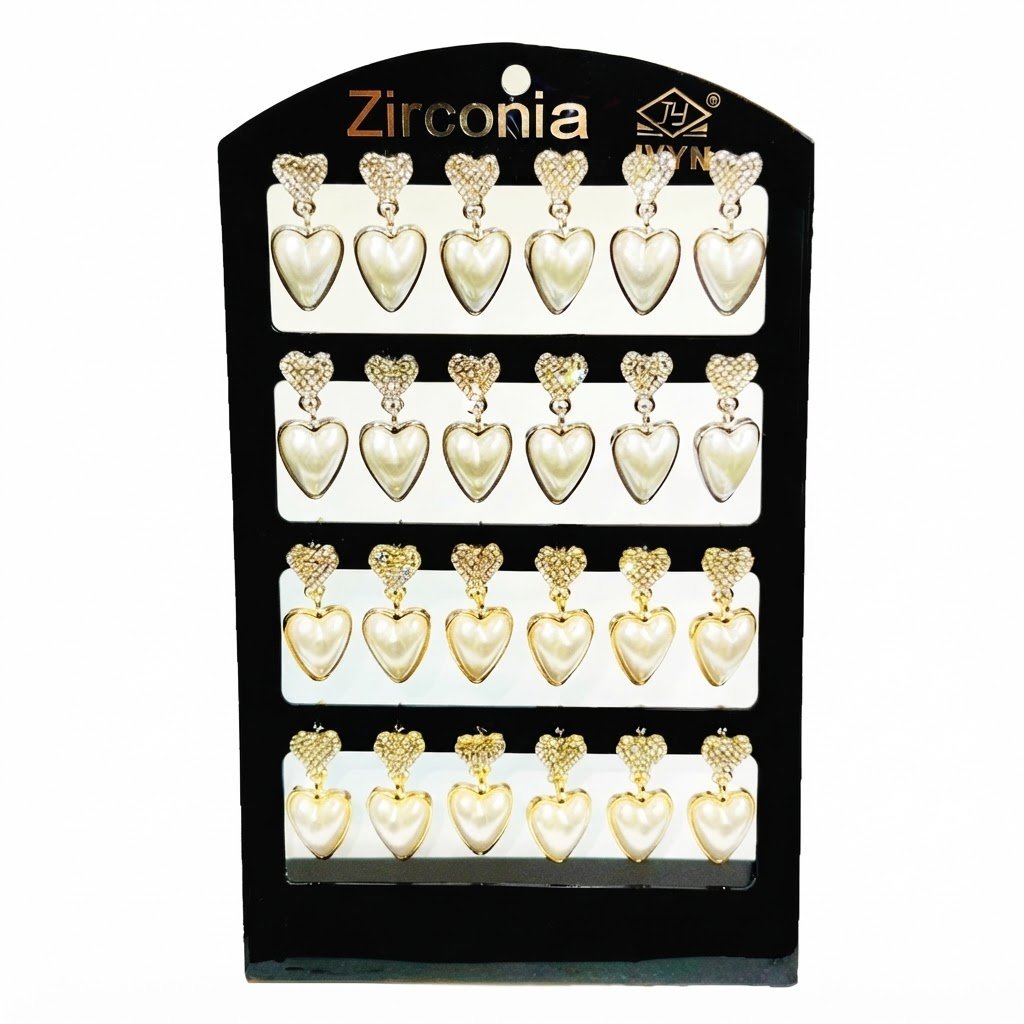 Elegant Earring Crystal Heart With Pearl G/S displayed on a card