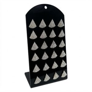 Earring Triangle Silver Stone displayed on a stand