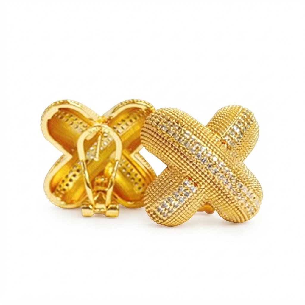 Two tone gold cross-shaped clip-on earrings with textured finish