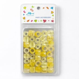 Yellow hair beads with gold pattern in packaging for hair accessories