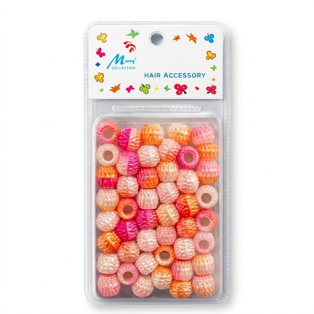 Colourful barrel-shaped hair beads in orange, white, and rambo colours for hair styling.