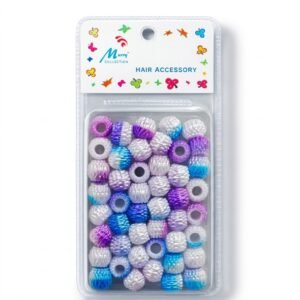 Pack of barrel-shaped hair beads in purple, blue and white colours