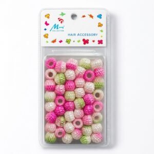 Barrel shaped hair beads in green, white, and pink colours for stylish hairstyles