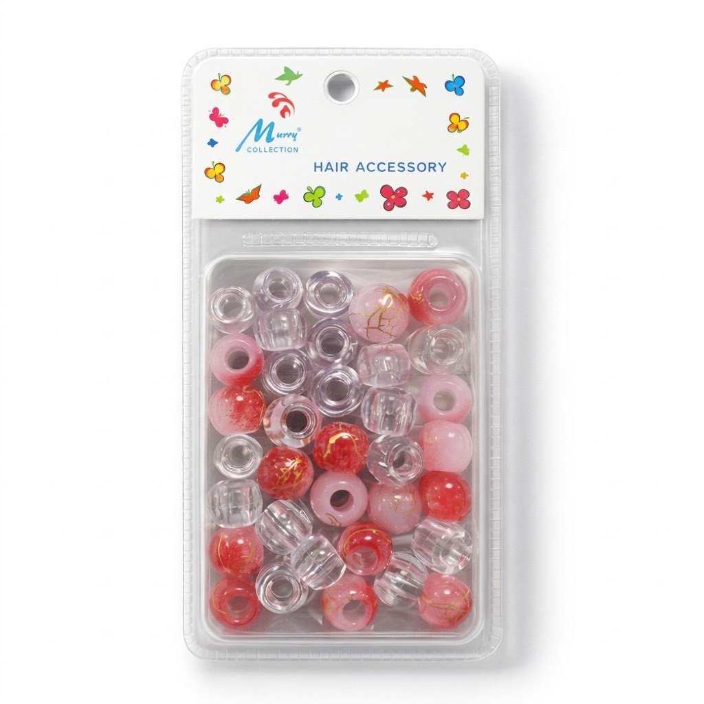 Hair Beads Clr/Red With Gold Pattern #B1605