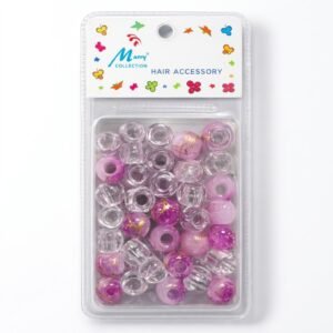 Colourful hair beads in clear and purple with gold pattern
