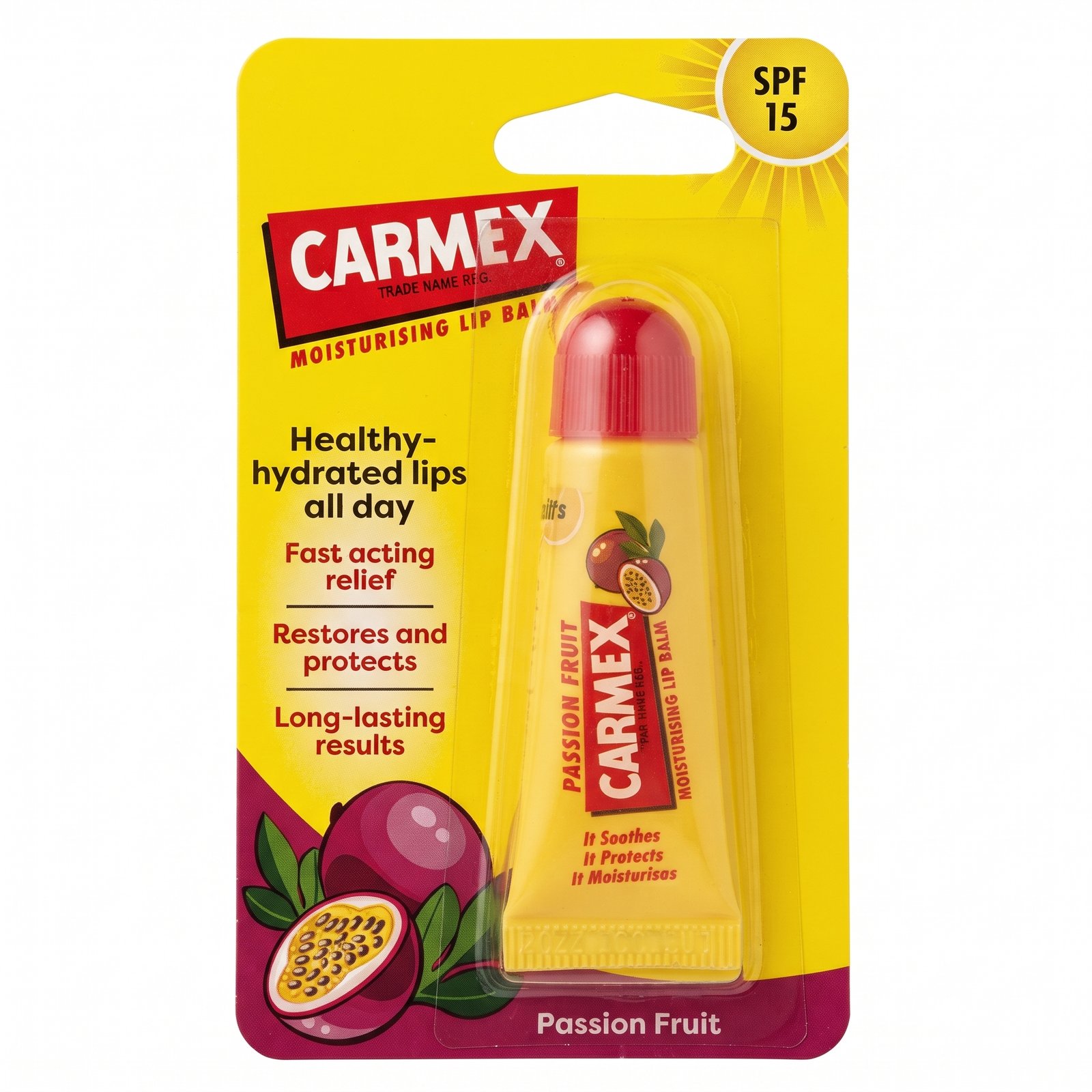Carmex Lip Balm Tube Passion Fruit 10g with SPF 15 for healthy hydrated lips