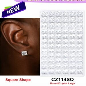 Cubic Zirconia Large Square Silver Colour ear studs displayed on ear