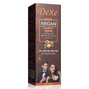 Dexe Argan Shampoo Dark Brown 420ml packaging with argan oil benefits