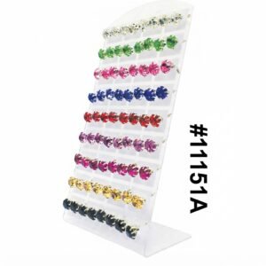 Assorted large round ear studs displayed in a clear stand with multiple colours.