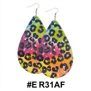 Vibrant African style teardrop earrings in multi-colour with leopard print
