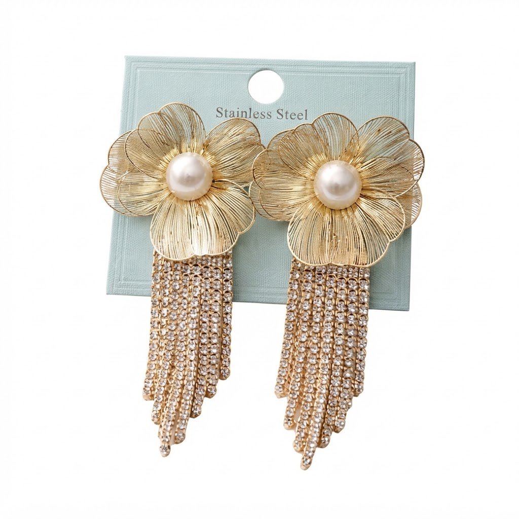 Gold flower pearl tassel earrings with stainless steel finish