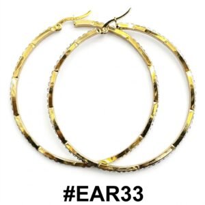 Stylish gold round hoop earrings displayed on a black background