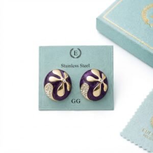 Elegant purple floral stud earrings with gold accents