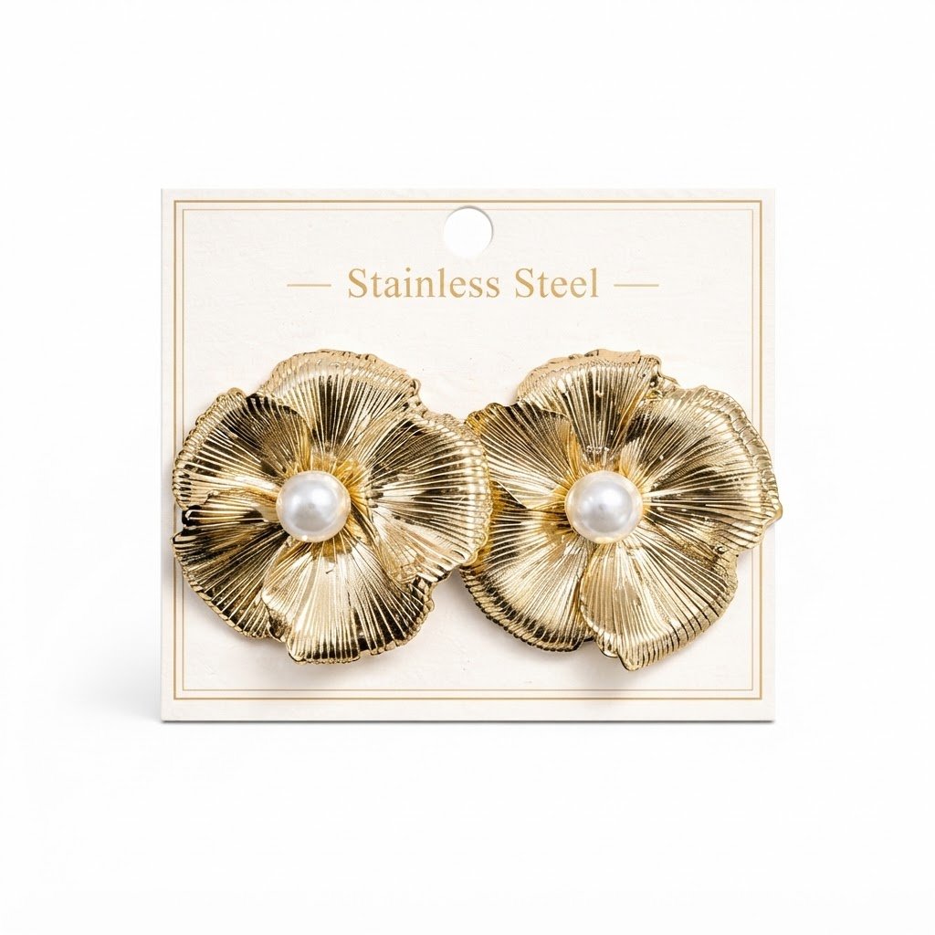 Large Gold Floral Earrings with Pearl Detail from Murry Collection