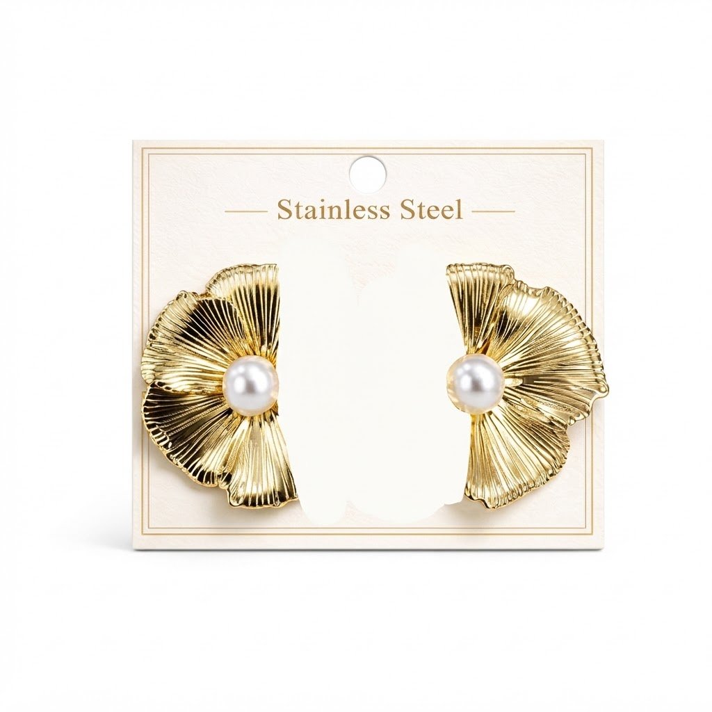 Gold Half Petal Earrings with Pearl Accent from Murry Collection