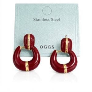 Glossy burgundy hoop drop earrings with gold accents