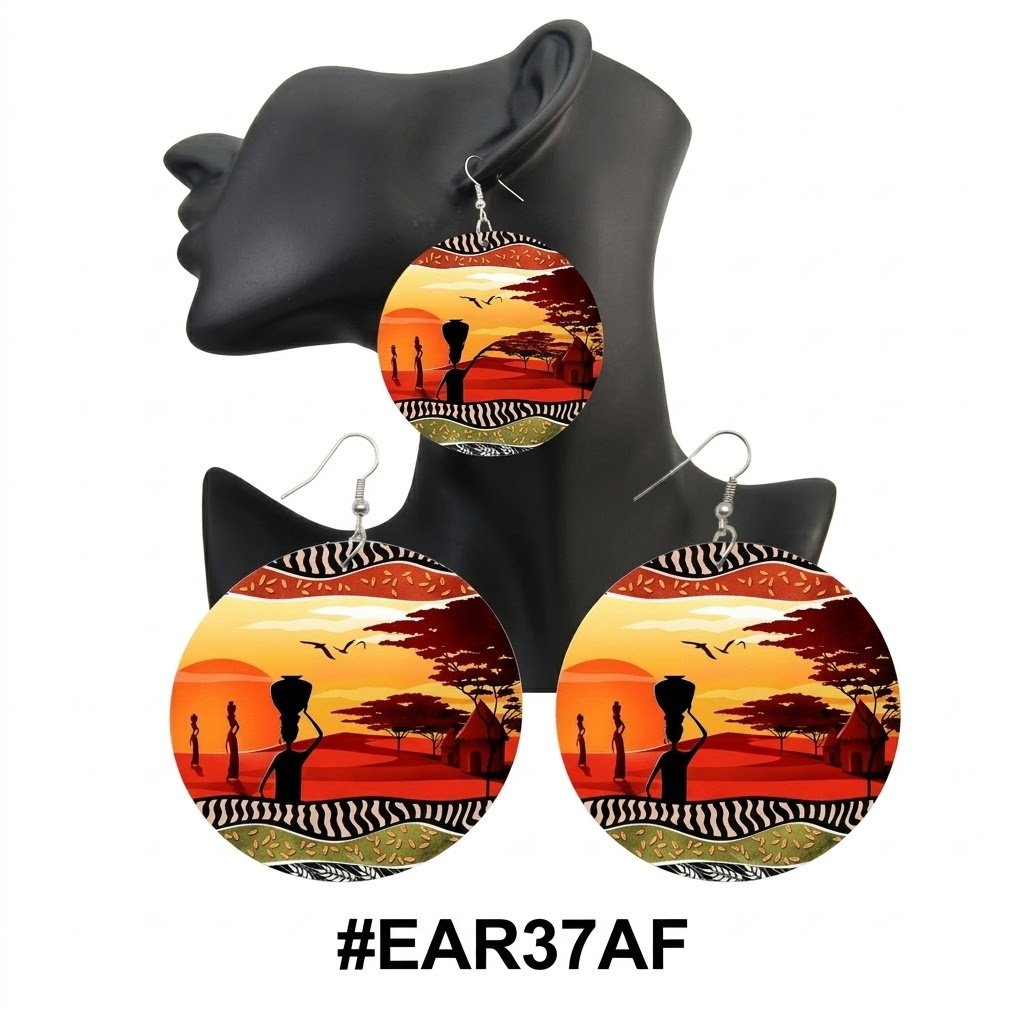 Vibrant African style earrings featuring sunset and cultural design