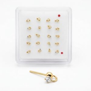 Nose Ring Round With Two Stone Gold showcased in a display pack