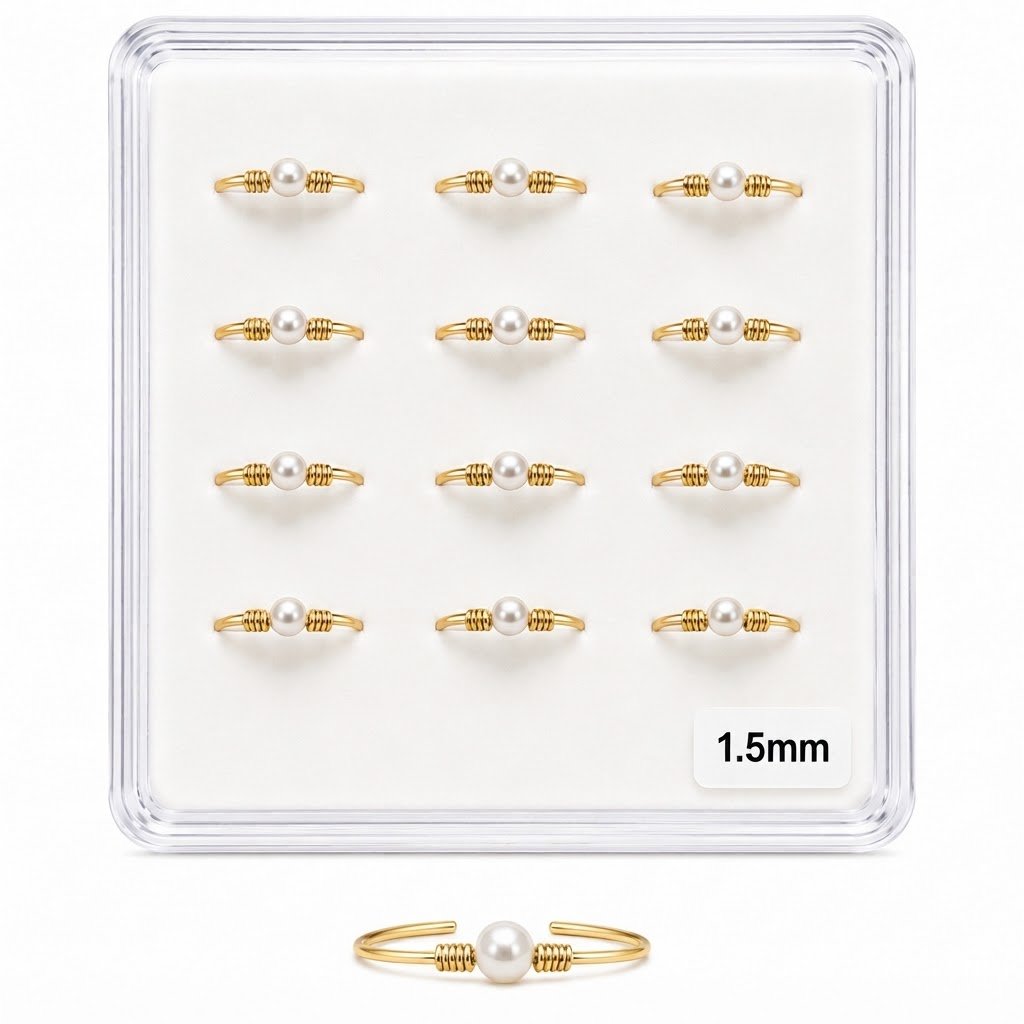 Elegant gold nose studs with pearl accents in a display pack