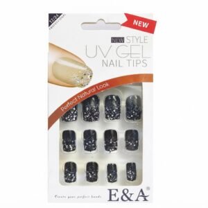 E&A Fancy Black Finger Nails with Stone Design for stylish nail art