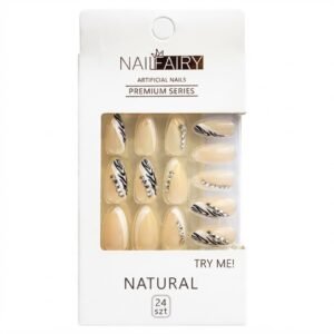 Beige fancy finger nails with stone accents for stylish nail art