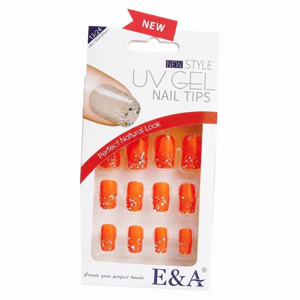 E&A Fancy Finger Nail Tips in Orange with Stone Accent