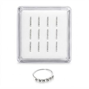Elegant silver nose ring stones with sparkling details in a display case