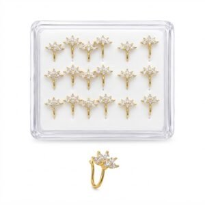 Gold nose ring with sparkling stones in a display box