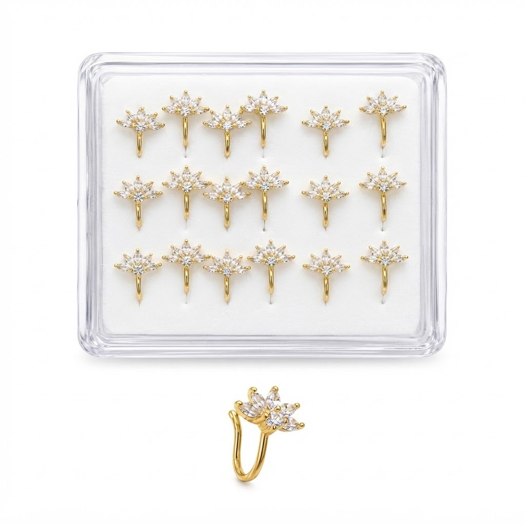 Gold nose ring with sparkling stones in a display box