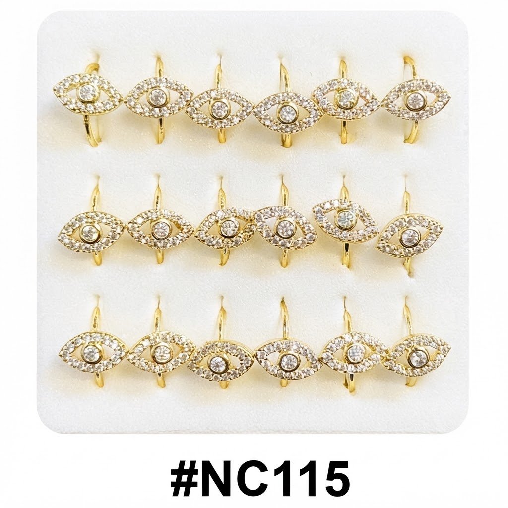 Nose Ring Eye with Stones showcasing elegant eye-shaped designs in gold with sparkling stones.