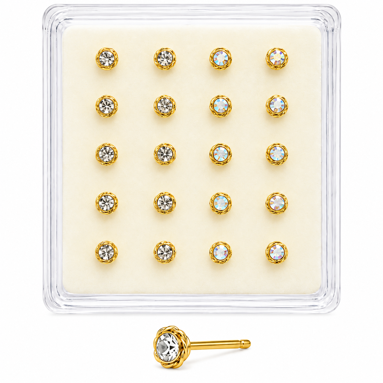 Gold round nose studs in a display box