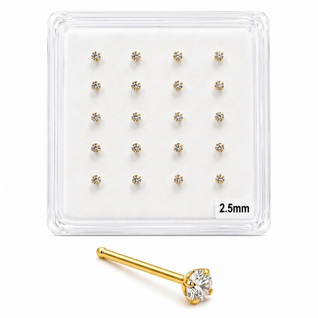 Elegant Nose Studs Large Gold 2.5 mm pack with sparkling design