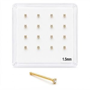 Small gold nose studs with sparkling stones, ideal for body piercings.