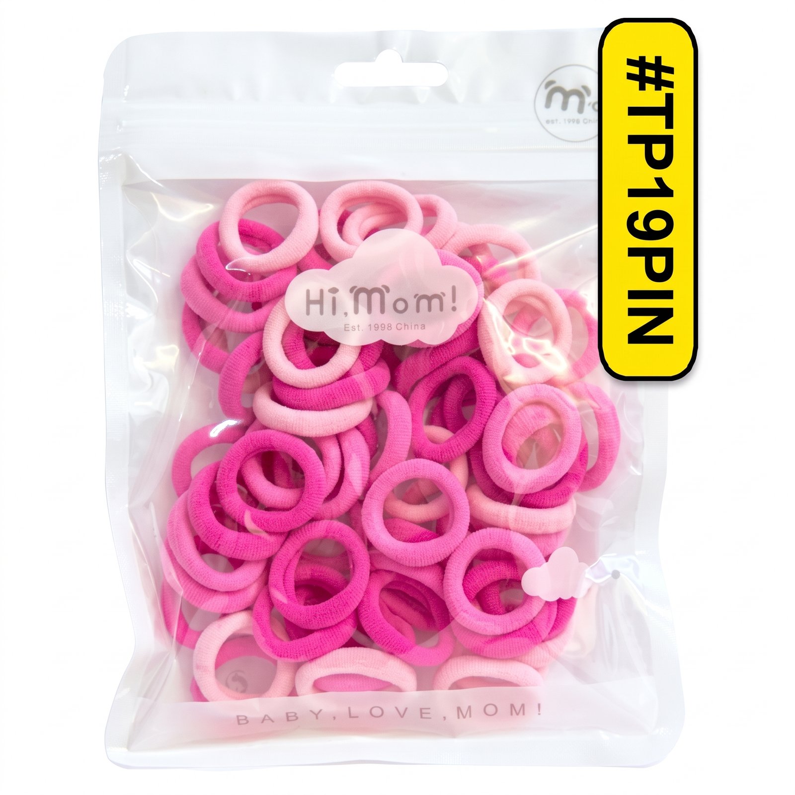 Assorted pink tiny hair pony ties in a clear package