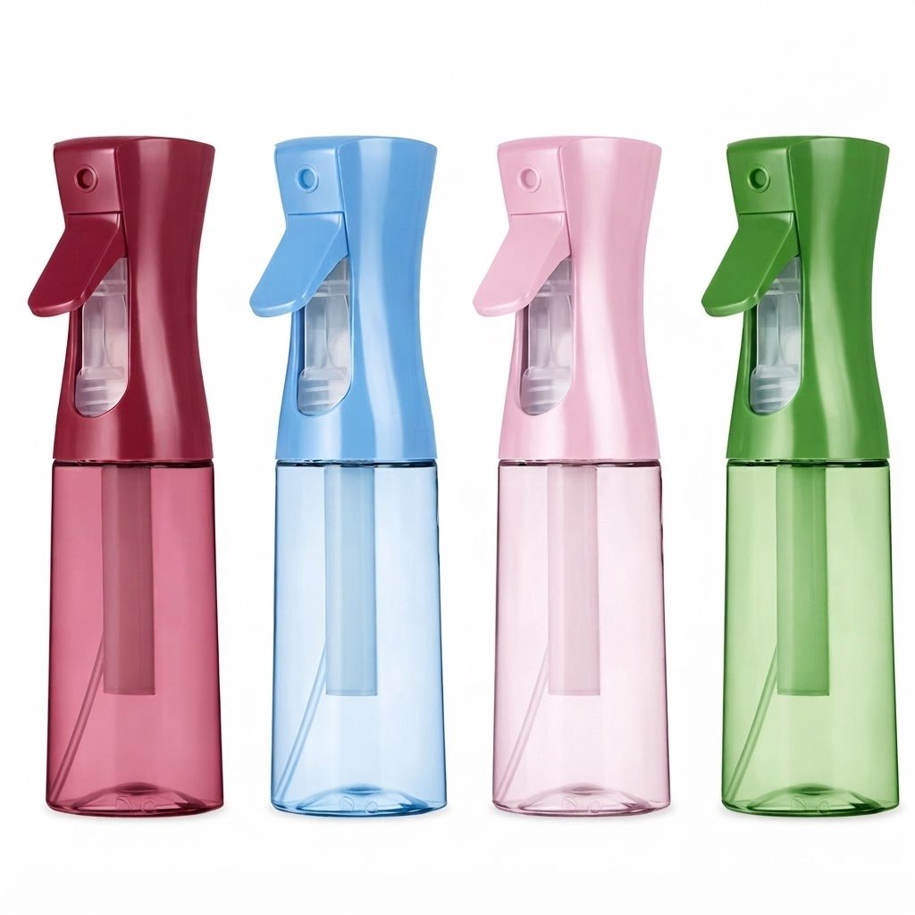 Multicolour mist spray bottles in red, blue, pink, and green
